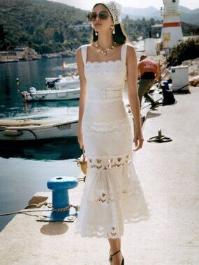 NEW NWT Self Portrait Linen Lace Insert Midi Dress In White